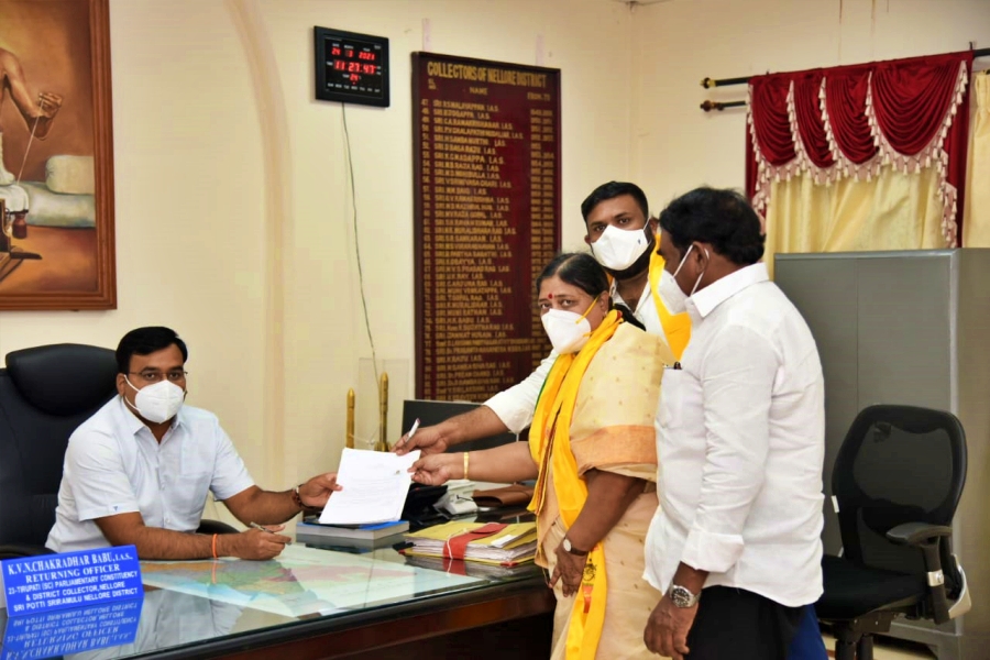 Panabaka Lakshmi files nomination as TDP candidate for Tirupati Lok Sabha by-election