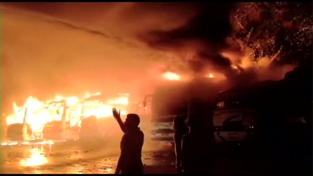 Seven buses were gutted in fire at a bus stand in Damoh