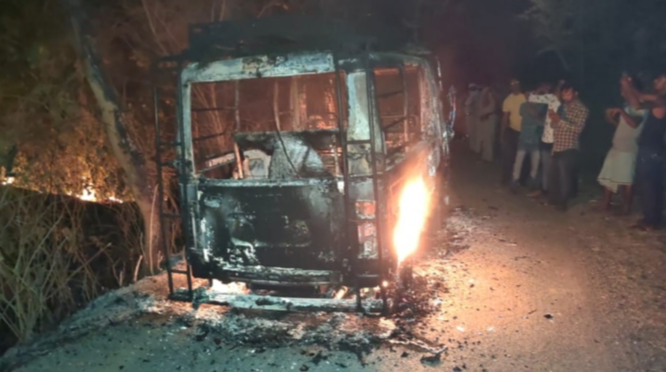 a vehicle hired for election duty was set on fire at Bandwan in Purulia district