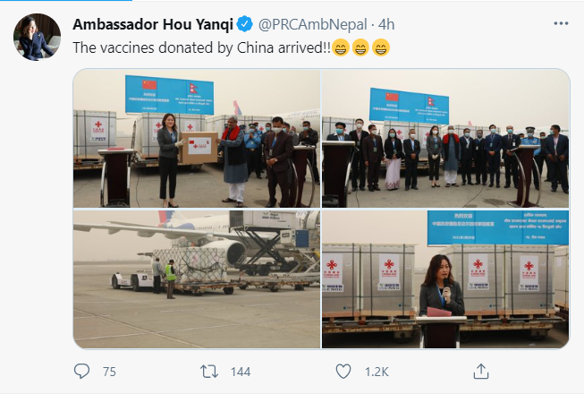 Screenshot taken from the official Twitter handle of Chinese Ambassador to Nepal, Hou Yanqi