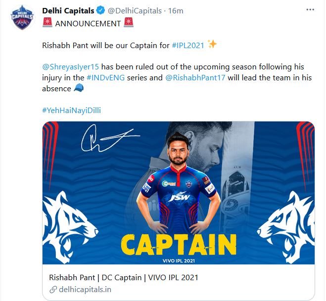 Rishabh Pant appointed captain of Delhi Capitals
