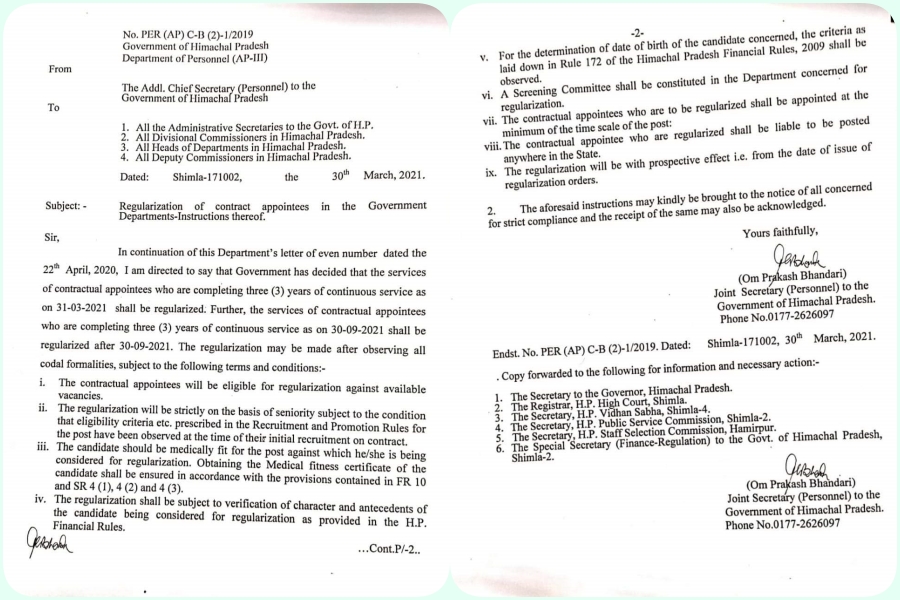 Himachal government issued notification regarding regularization