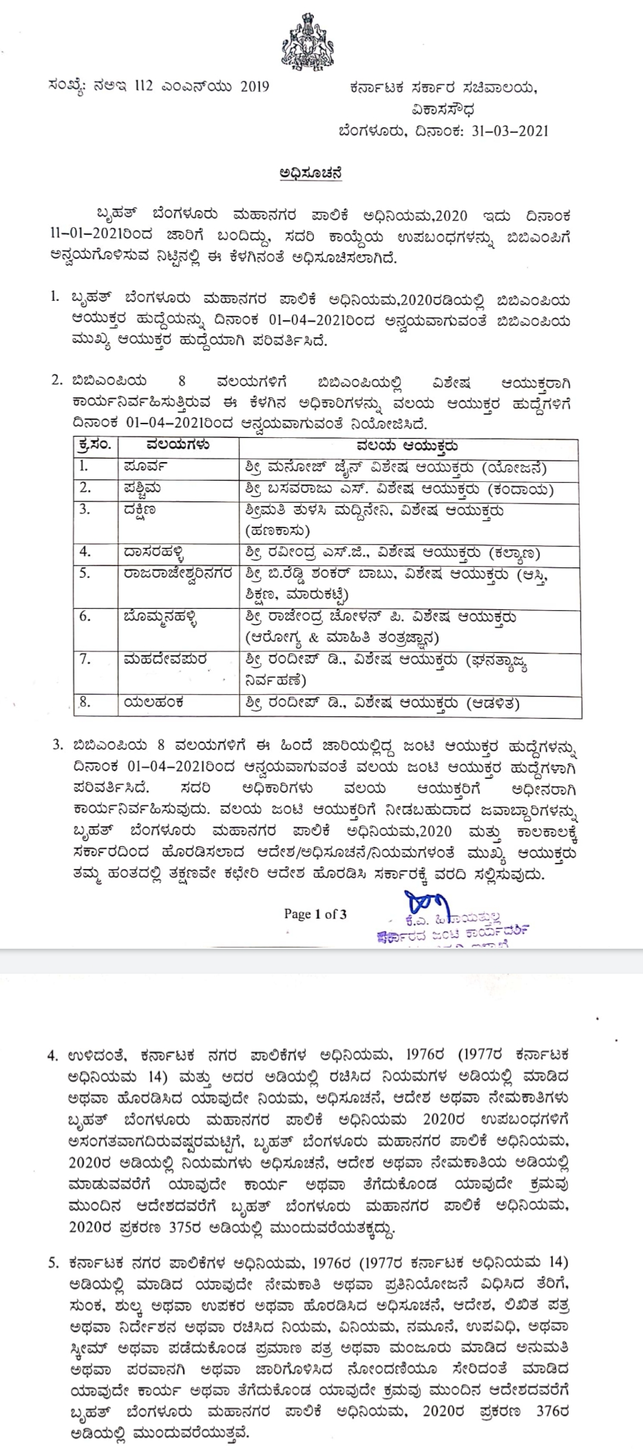 Deployment of 8 BBMP Zone Joint Commissioners