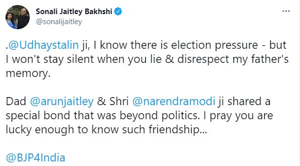 Families of Arun Jaitley and Sushma Swaraj hit back at Udayanidhi Stalin for his remarks against late BJP leaders