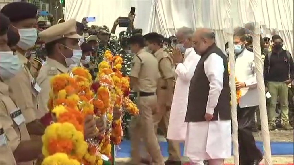 Union Home Minister Amit Shah and Chief Minister Bhupesh Baghel lay wreath at the coffins of 14 security personnel