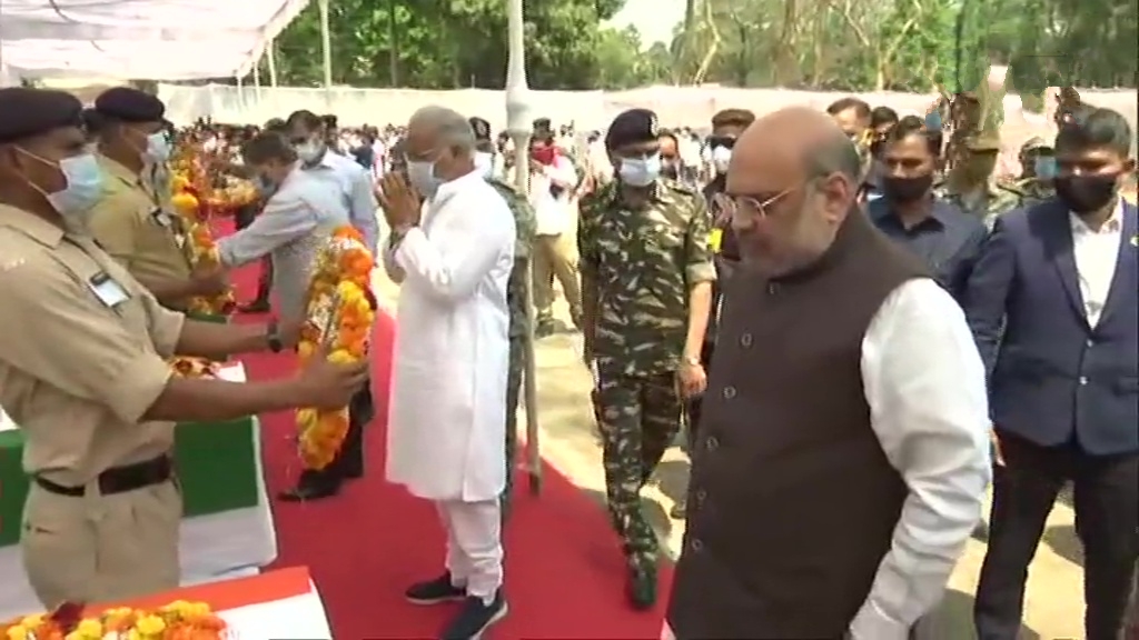 Union Home Minister Amit Shah and Chief Minister Bhupesh Baghel lay wreath at the coffins of 14 security personnel