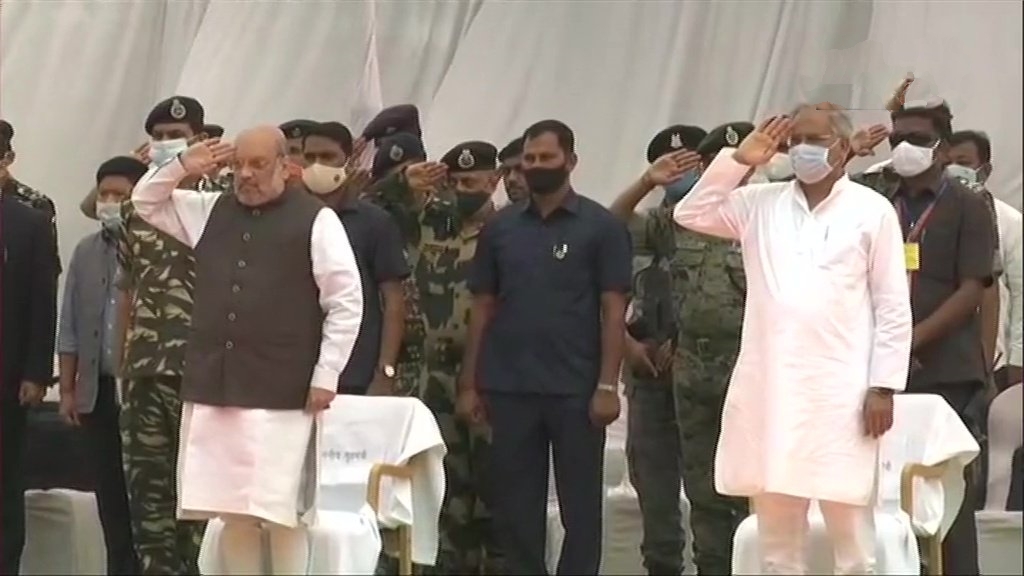 Union Home Minister Amit Shah and Chief Minister Bhupesh Baghel lay wreath at the coffins of 14 security personnel