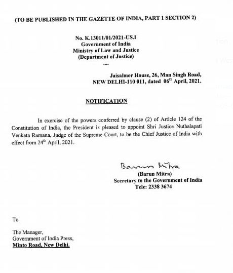 Justice NV Ramana Appointed Next Chief Justice Of India By President
