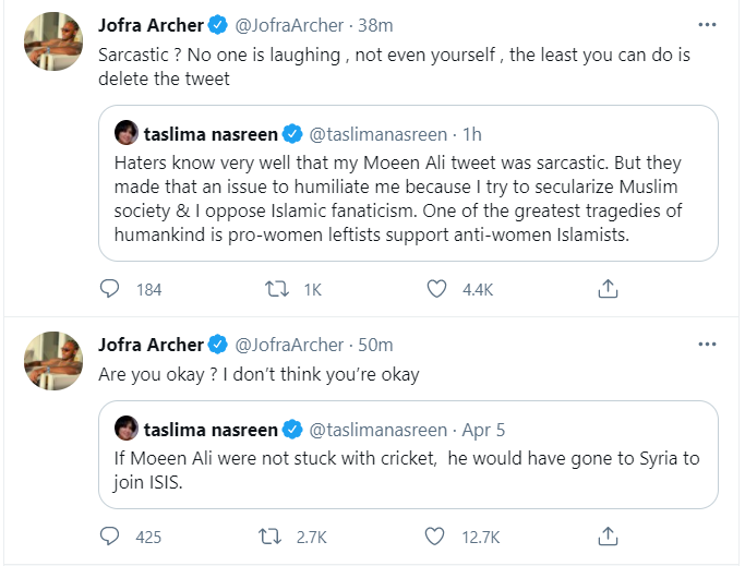 Jofra Archer not impressed by Taslima Nasreen's remarks on Moeen Ali, wants author to delete tweet