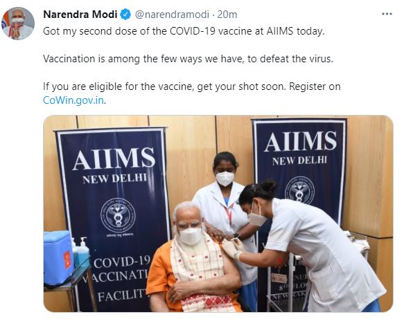 Prime Minister Narendra Modi takes his second dose of COVID19 vaccine at AIIMS