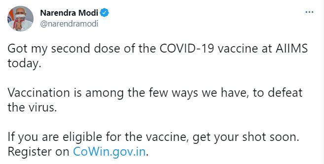 Prime Minister Narendra Modi takes his second dose of COVID19 vaccine at AIIMS