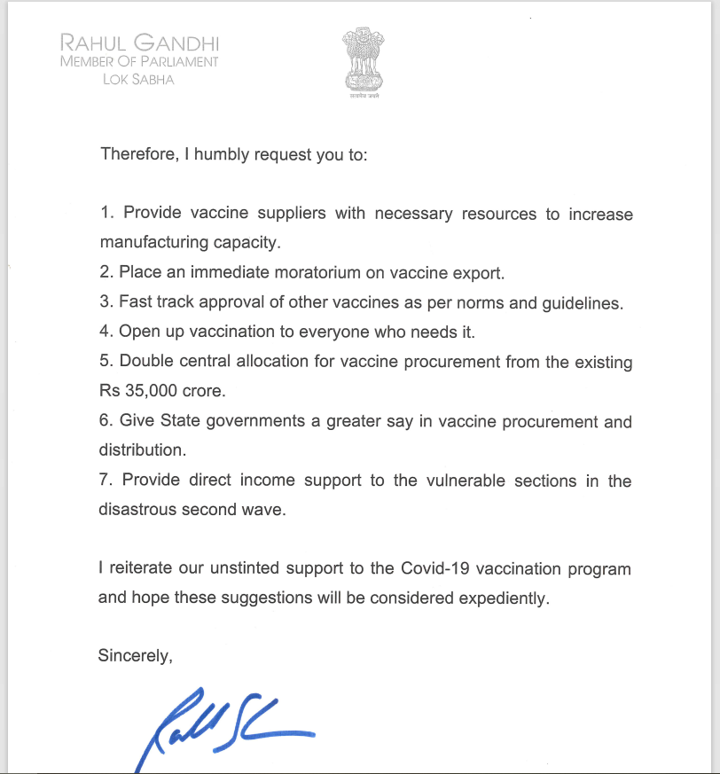 open vaccination for all  halt vaccine export  rahul gandhi writes to PM Modi  rahul gandhi letter to PM Modi  എല്ലാവര്‍ക്കും വാക്സിന്‍  മോദിക്ക് കത്തയച്ച് രാഹുല്‍  രാഹുല്‍ ഗാന്ധി  പ്രധാനമന്ത്രി നരേന്ദ്ര മോദി  കൊവിഡ് വാക്സിന്‍ വാര്‍ത്ത  വാക്സിന്‍ ക്ഷാമം വാര്‍ത്ത  കൊവിഡ് വാക്സിനേഷന്‍ വാര്‍ത്തകള്‍  കൊവാക്സിന്‍  covid vaccine news  covid vaccination news  rahul gandhi  pm modi