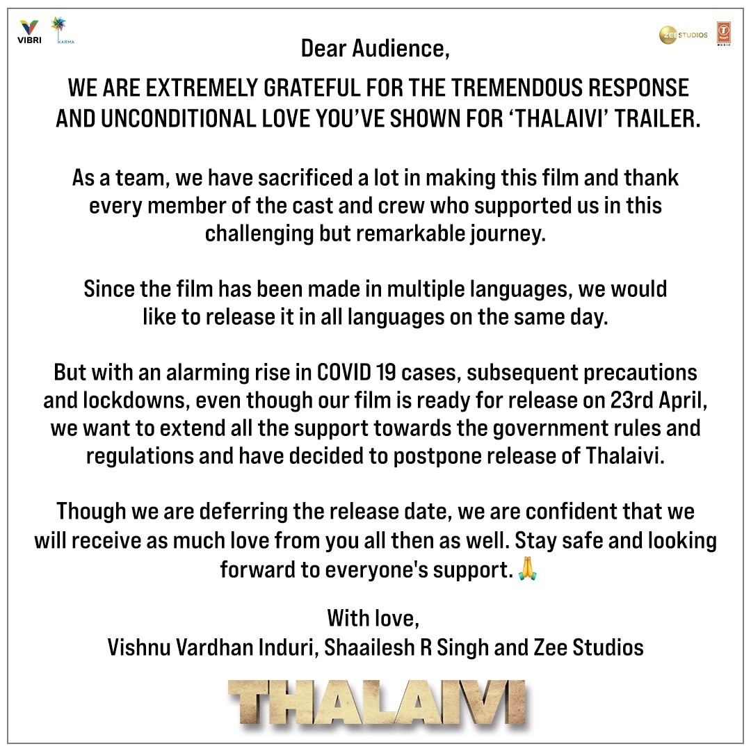 Kangana Ranaut's 'Thalaivi' postponed amid Covid second wave