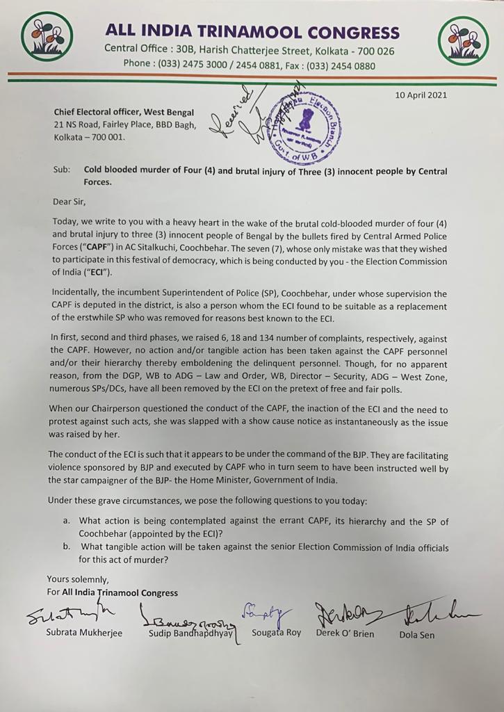 bengal-election-2021-trinoomul-congress-writes-a-letter-to-the-election-commission-against-the-central-force-over-the-death-of-4-persons-in-shitalkuchi