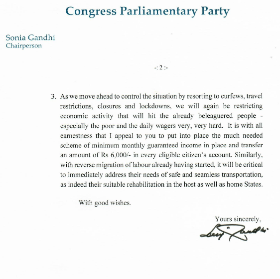 Sonia Gandhi has written to Prime Minister Narendra Modi