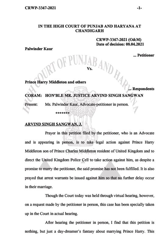 Punjab Haryana High Court Prince Harry petition