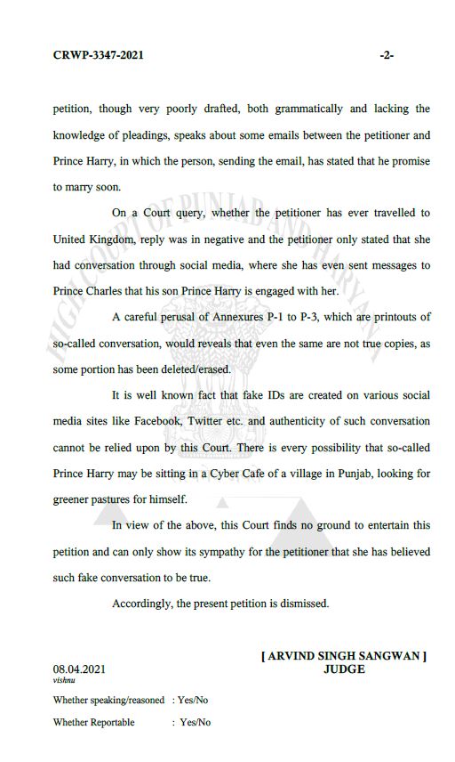 Punjab Haryana High Court Prince Harry petition