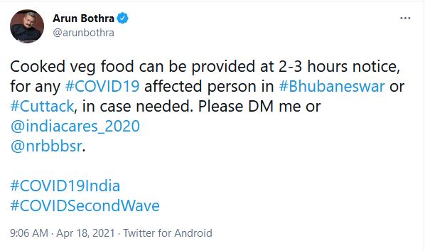 କୋଭିଡ ଆକ୍ରାନ୍ତଙ୍କୁ ରନ୍ଧା ଖାଦ୍ୟ ଯୋଗାଇବେ ଅରୁଣ ବୋଥ୍ରା