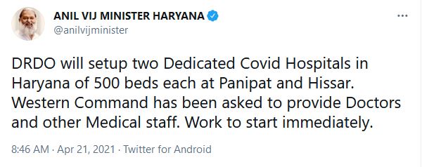 DRDO to build two covid care hospitals in Haryana