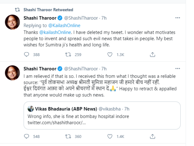 Tharoor deletes tweet on Sumitra Mahajan after BJP leaders say she is fine