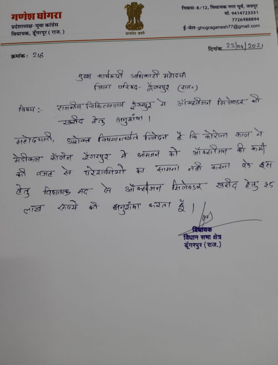 Dungarpur news, Dungarpur MLA Ganesh Ghoghara