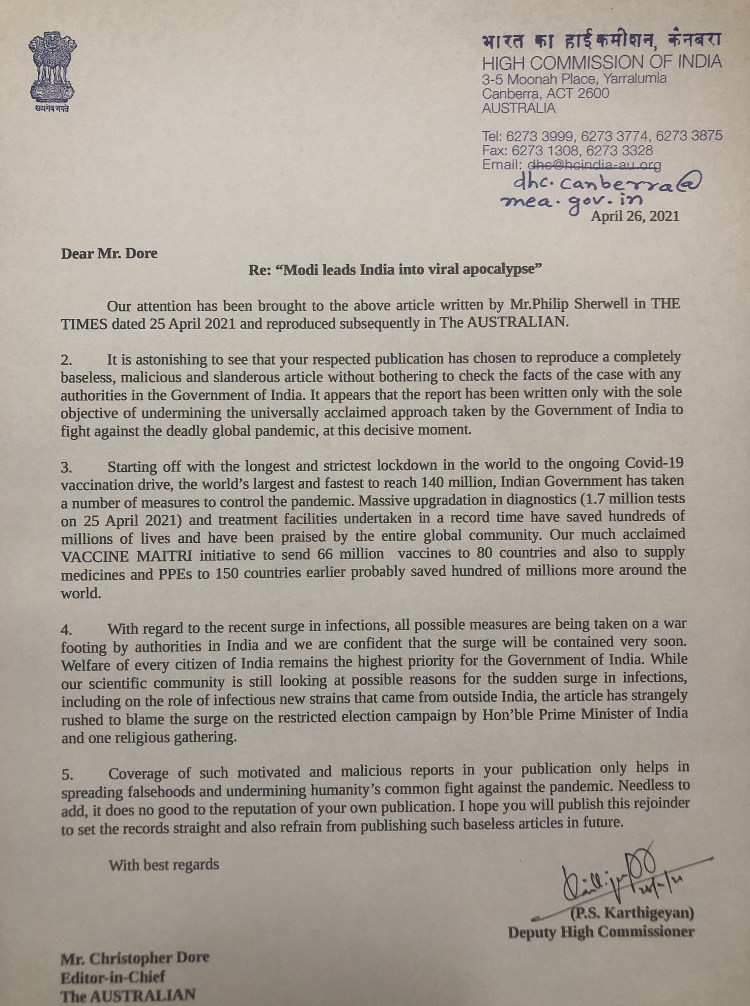 Letter by Indian High Commission in Canberra