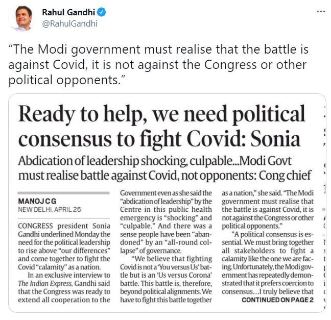 Battle against Covid, not Congress: Rahul Gandhi