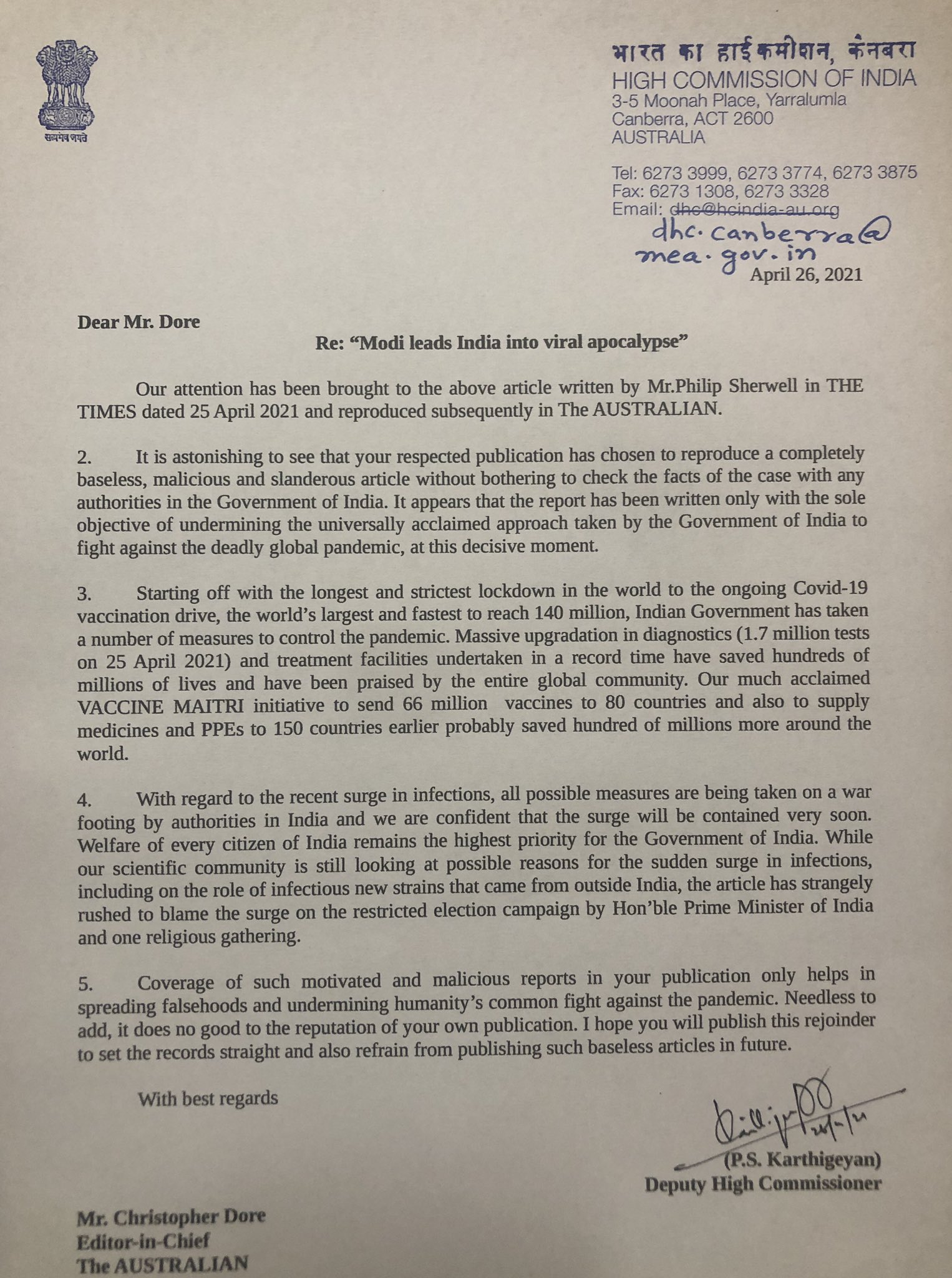 Letter from Indian High Commission