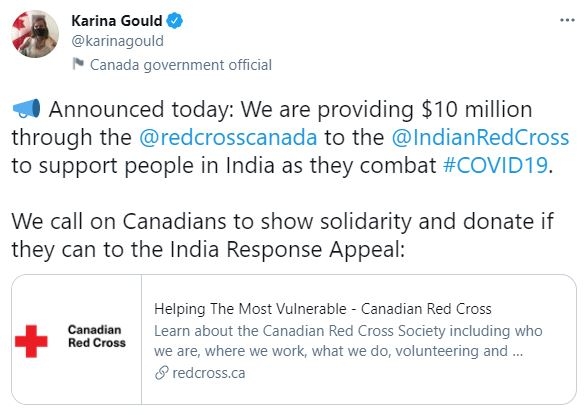 Canadian minister Karina Gould's tweet