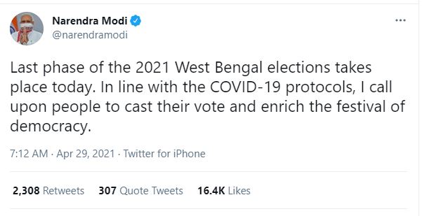 PM Modi urges people in West Bengal to cast vote