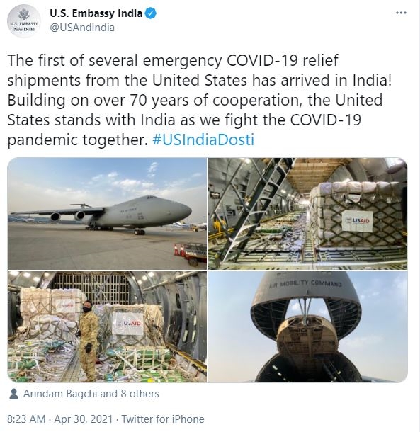 Medical supplies from US reaches India