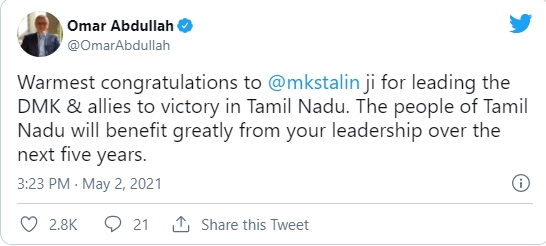 Omar Abdullah wishes Stalin over DMK's victory