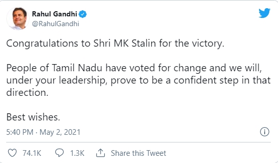 Rahul Gandhi congratulates MK Stalin