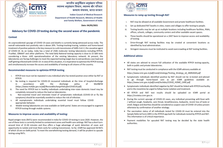 ICMR issues advisory for COVID-19 amid second wave