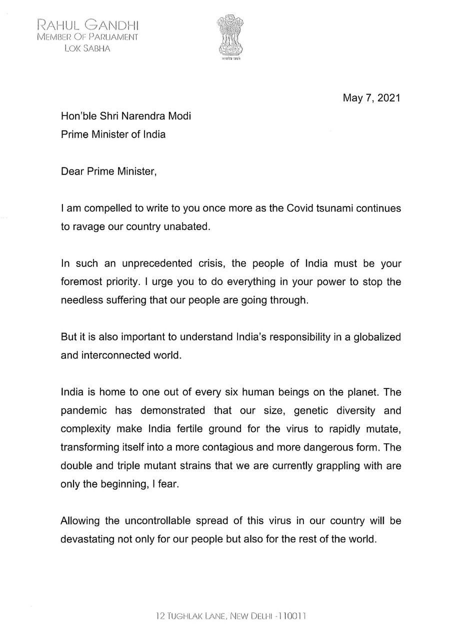 Rahul Gandhi writes to PM Modi on Covid situation