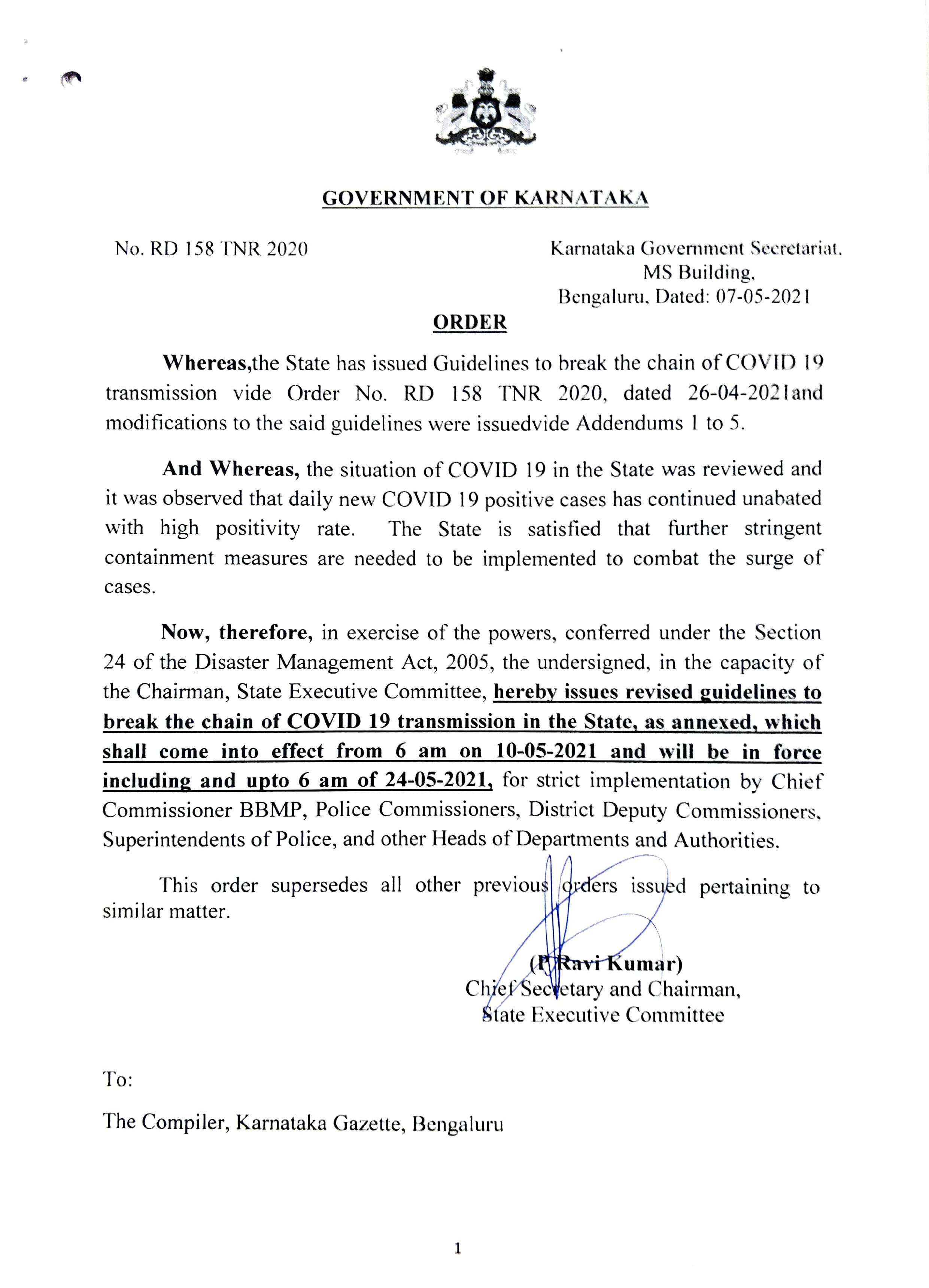 A copy of the order issued by the Karnataka government