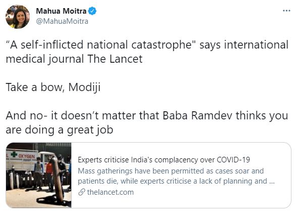 Mahua Moitra took to Twitter to attack the Modi government