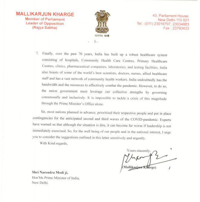 Mallikarjun Kharge writes to PM Modi