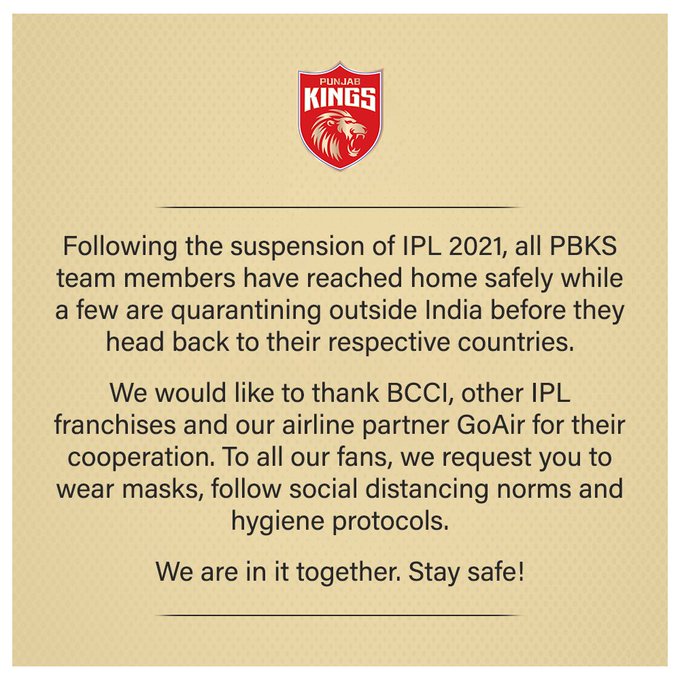 ਪੰਜਾਬ ਕਿੰਗਜ਼ ਟੀਮ ਦੇ ਸਾਰੇ ਖਿਡਾਰੀ ਸੁਰੱਖਿਅਤ ਘਰ ਪਹੁੰਚੇ