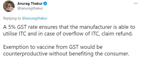 Anurag Thakur's tweet on vaccine rollout