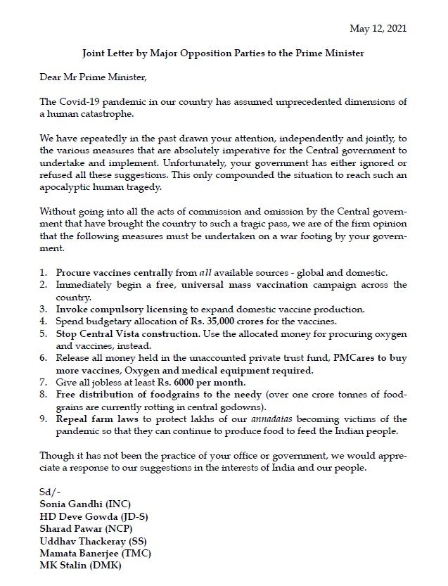 କୋଭିଡ ମୁକାବିଲା ପାଇଁ ଏକଜୁଟ ବିରୋଧୀ, ପ୍ରଧାନମନ୍ତ୍ରୀଙ୍କୁ 12 ଦଳର ନେତାଙ୍କ ଚିଠି