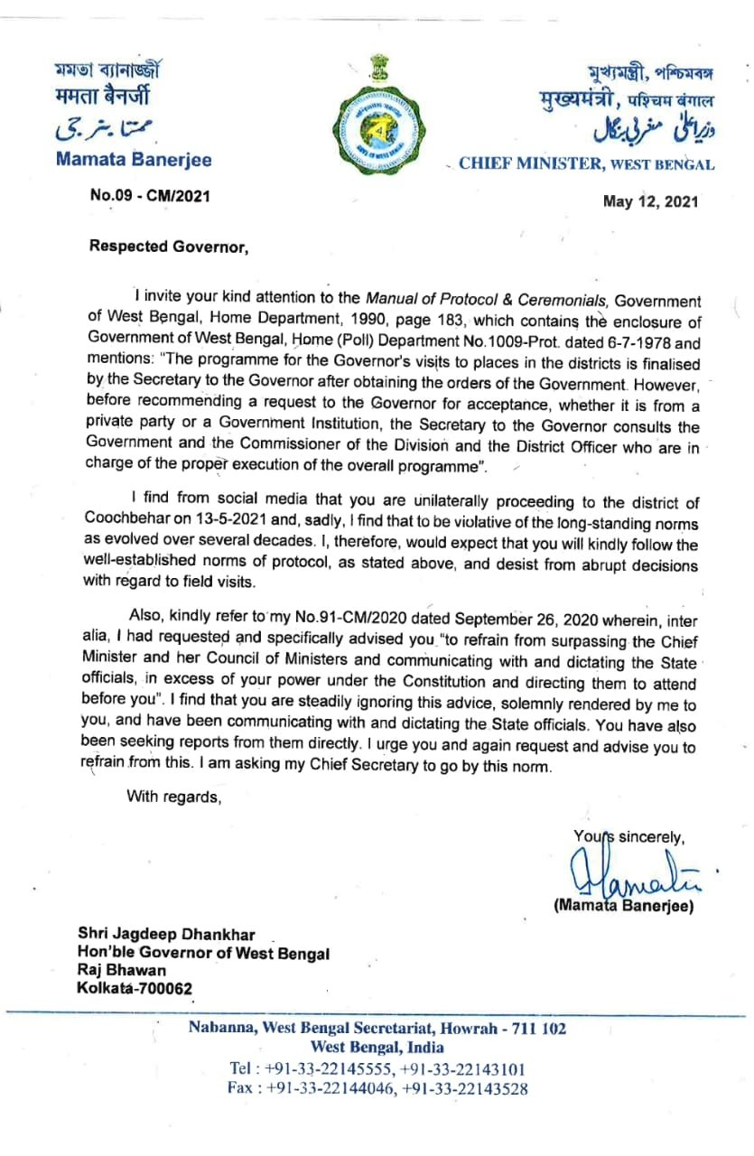 WB CM Mamata Banerjee wrote to Governor over his planned visit to violence hit areas