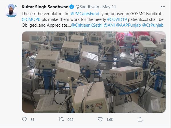 A screenshot grabbed from the official Twitter handle of Aam Aadmi Party MLA Kulathar Sandhwan