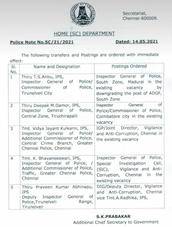 Transfer of Tamil Nadu Police IGs and DIGs