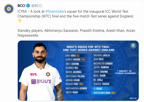 WTC FINAL INDIAN TEAM SQUAD, இந்திய அணி அறிவிப்பு, டெஸ்ட் சாம்பியன்ஷிப் இறுதிப்போட்டியின் இந்திய அணி, wtc indian squad