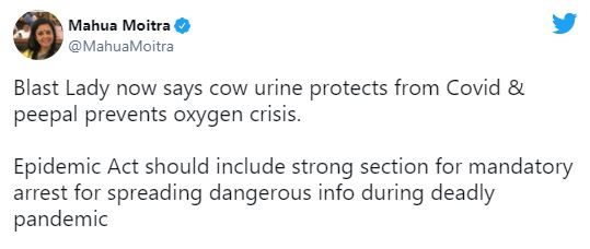 pragya-thakur-says-cow-urine-protects-from-covid-planting-tulsi-peepal-can-prevent-oxygen-crisis-mahua-moitra-criticised