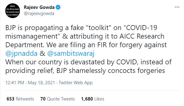 Tweet by Congress' Rajeev Gowda