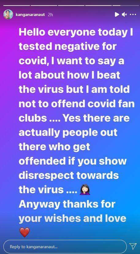 Kangana tests COVID-19 negative; wants to say a lot but told 'not to offend COVID fan club'