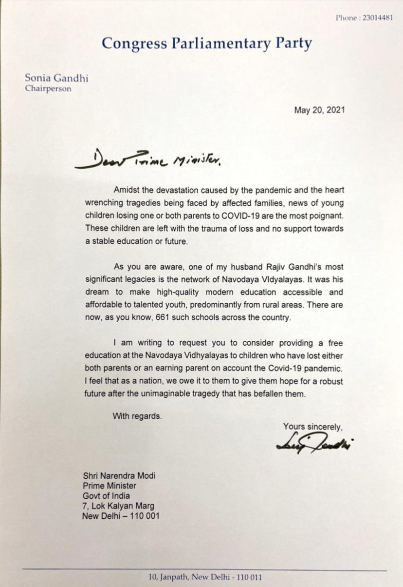 Congress interim chief Sonia Gandhi wrote to PM Modi