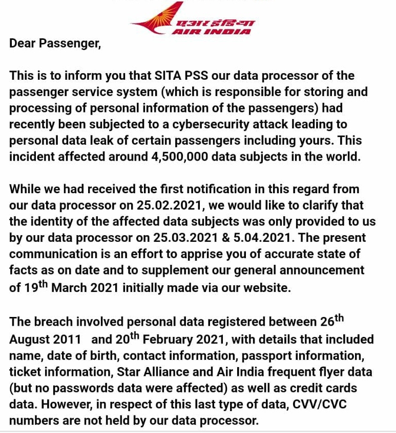 એર ઇન્ડિયાએ 45 લાખ પ્રવાસીઓની માહિતી લીક થવાનો સ્વીકાર કર્યો
